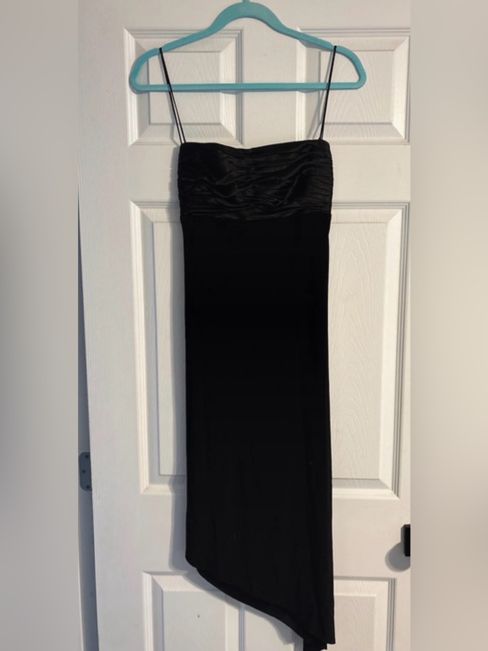 Chic Black Asymmetrical Slip Dress with Ruched Bodice